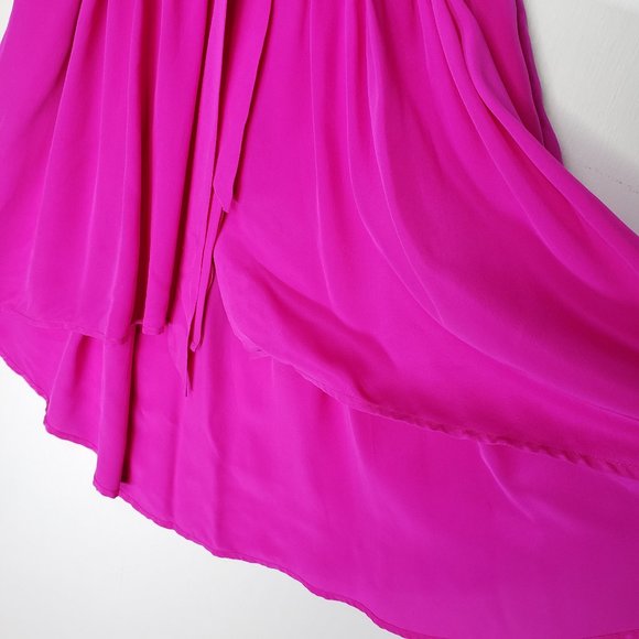 Amanda Uprichard Silk Button Front High Low Dress S Hot Pink Short Sleeve Belted - Picture 4 of 8